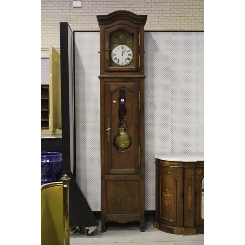 508 - Antique French longcase clock, unknown working condition, has pendulum and weights, no key, approx 2... 