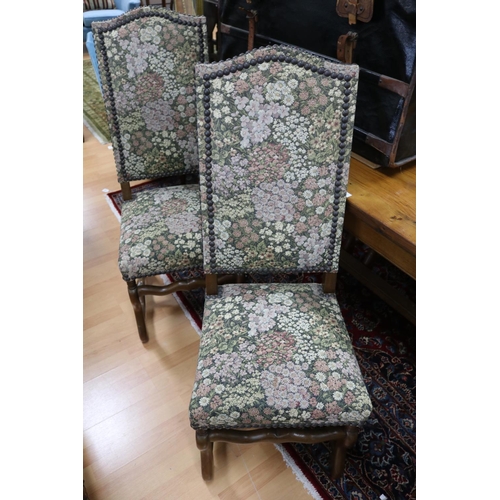 288 - Set of six French oak high back dining chairs, floral studded trim upholstery (6)