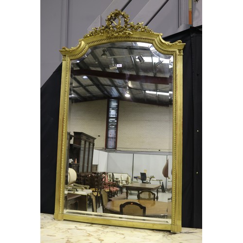 1085 - Antique French gilt surround stepped arched top salon mirror, with floral wreath crest, approx 164cm... 