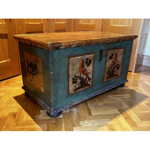 1131 - Antique Swedish painted pine coffer, two painted panels to the front with parrots on naturalistic gr... 