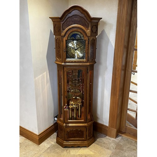 1134 - Good quality Modern Long case clock, brass faced arched dial, bevelled glass door and side panels, i... 