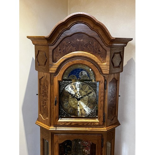 1134 - Good quality Modern Long case clock, brass faced arched dial, bevelled glass door and side panels, i... 