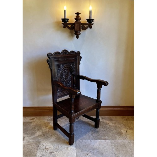 1137 - Pair of constructed English oak Wainscot arm chairs, well carved panelled backs (2)