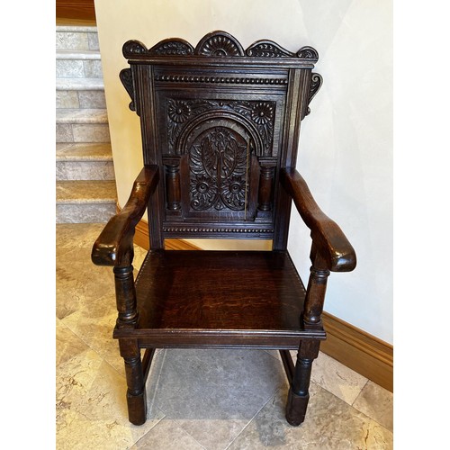 1137 - Pair of constructed English oak Wainscot arm chairs, well carved panelled backs (2)