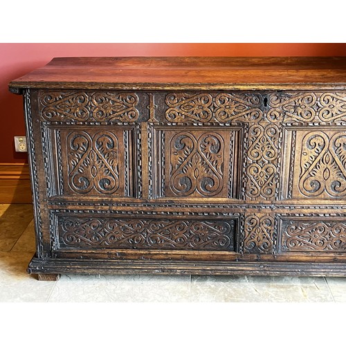 1138 - Antique 17th century English oak coffer, four recessed panelled front, well carved in low relief, ap... 