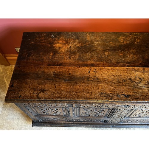 1138 - Antique 17th century English oak coffer, four recessed panelled front, well carved in low relief, ap... 