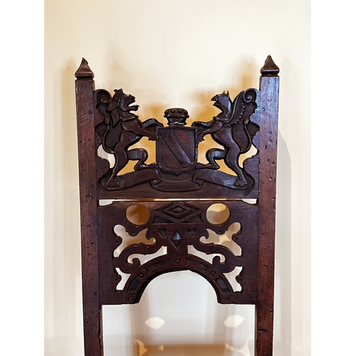 1142 - Antique 17th century English armorial carved back stool chair, carved Armorial back crest, with a re... 