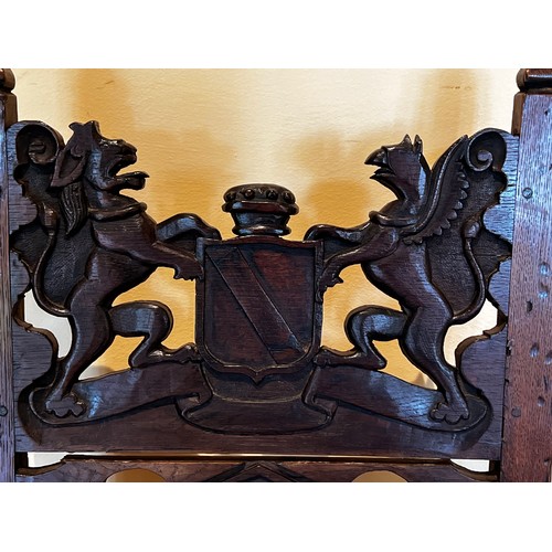 1142 - Antique 17th century English armorial carved back stool chair, carved Armorial back crest, with a re... 