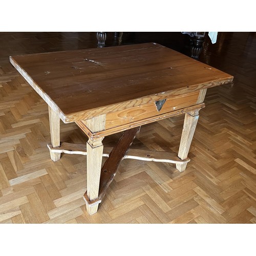 1148 - Pine rustic table with single long drawer, all standing on square tapering legs joined by X frame st... 
