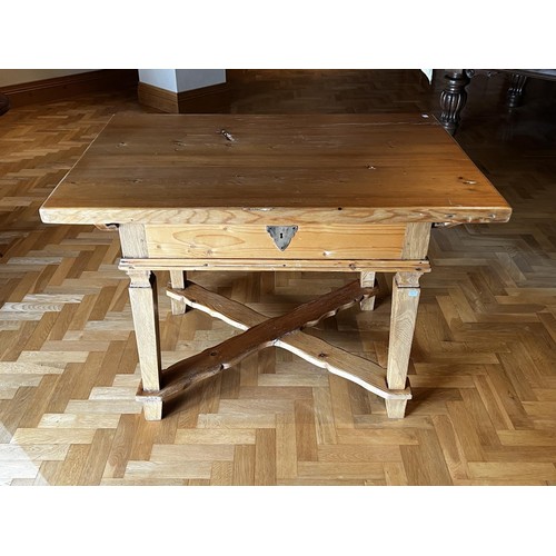 1148 - Pine rustic table with single long drawer, all standing on square tapering legs joined by X frame st... 