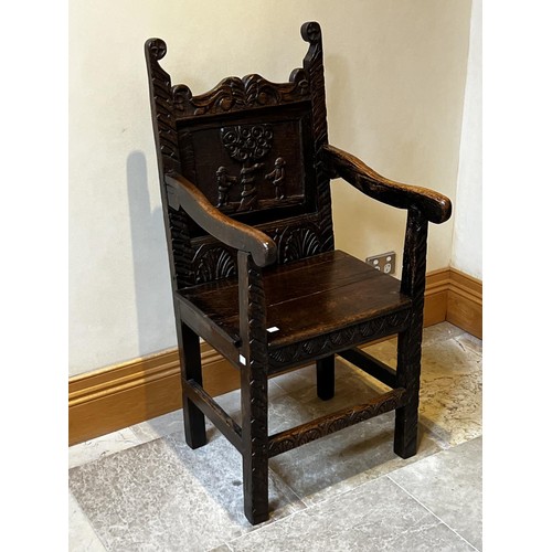 1150 - Antique 17th century oak wainscot Adam and Eve chair, restorations and additions, Ex Braesyde Bowral