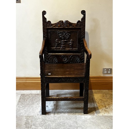 1150 - Antique 17th century oak wainscot Adam and Eve chair, restorations and additions, Ex Braesyde Bowral