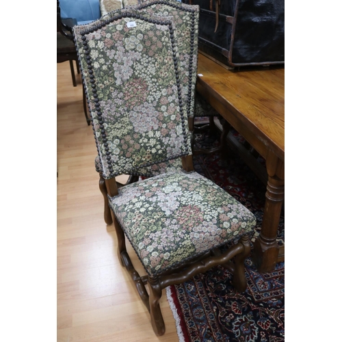 288 - Set of six French oak high back dining chairs, floral studded trim upholstery (6)