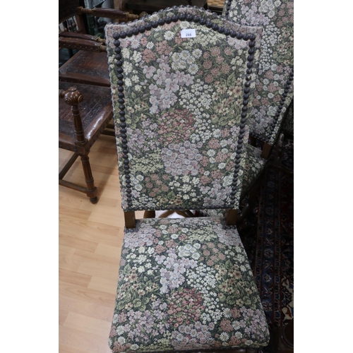 288 - Set of six French oak high back dining chairs, floral studded trim upholstery (6)