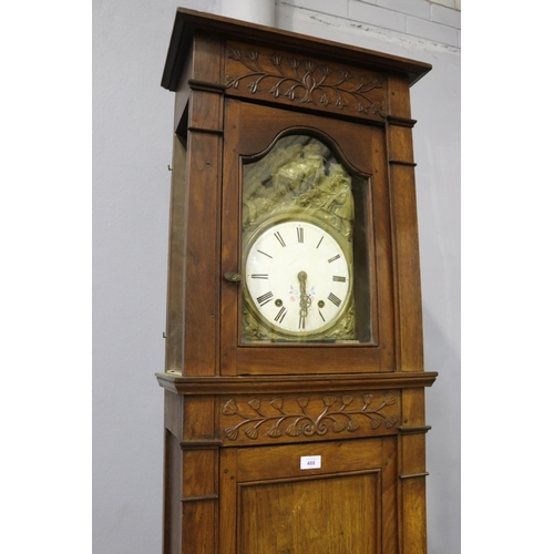 488 - Antique French carved oak comtoise clock, has pendulum and weights, no key, unknown working conditio... 