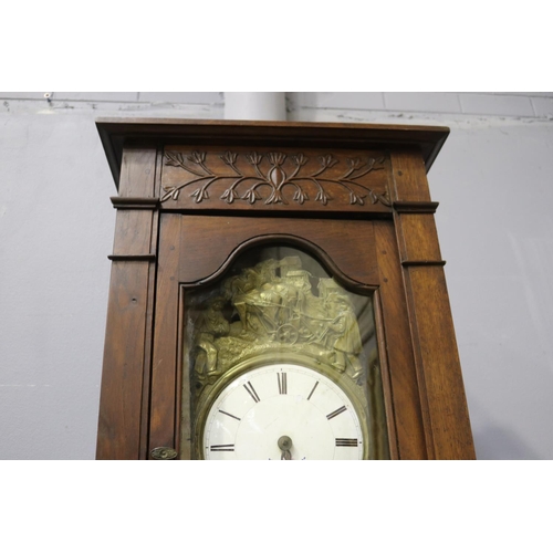 488 - Antique French carved oak comtoise clock, has pendulum and weights, no key, unknown working conditio... 