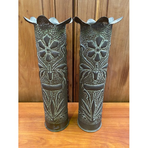 1005 - Pair of antique French trench art brass vases, embossed with flowers, each approx 33cm H