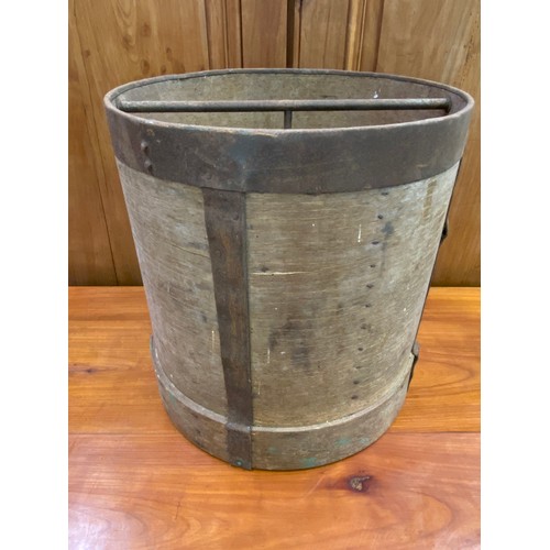 1012 - Antique French wooden and metal strapped grain measure, approx 35cm H x 34cm Dia