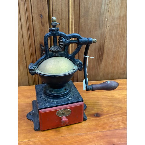 1022 - Antique Peugeot iron and wood coffee grinder, approx 30cm H