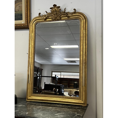 1060 - Antique French gilt surround mirror, arched central floral crest, approx 131cm H x 83cm W