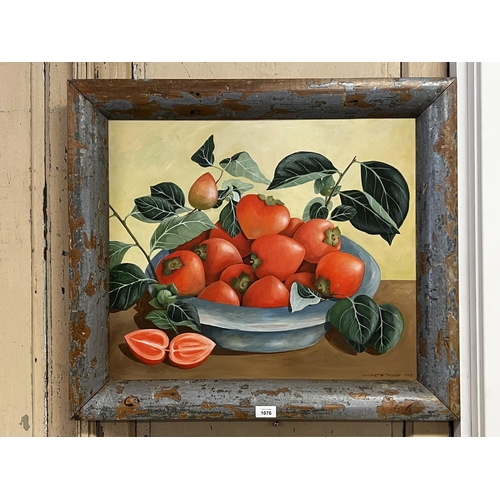 1076 - Charlotte Thovey, still life, fruit in a bowl, acrylic on board, signed lower right, approx 50 cm x ... 