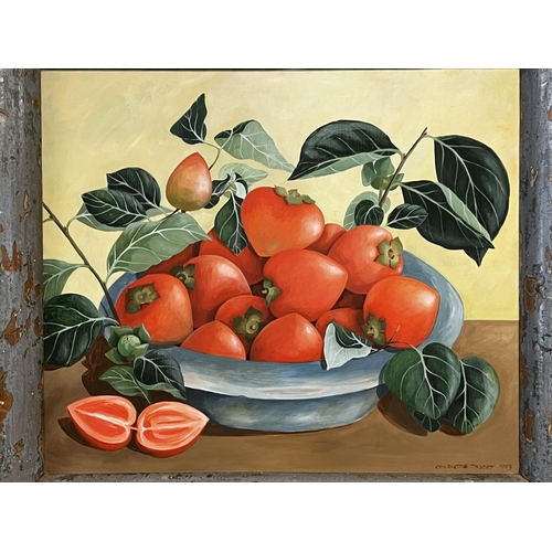 1076 - Charlotte Thovey, still life, fruit in a bowl, acrylic on board, signed lower right, approx 50 cm x ... 