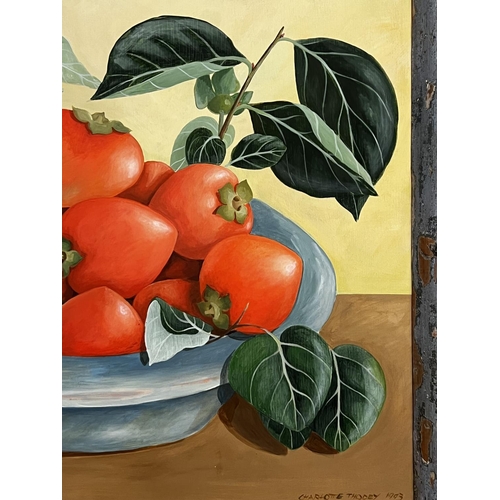 1076 - Charlotte Thovey, still life, fruit in a bowl, acrylic on board, signed lower right, approx 50 cm x ... 