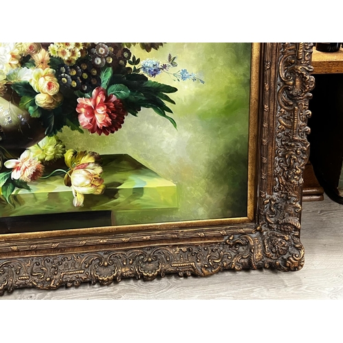 1079 - R Thomas, still life, oil on canvas, signed lower left, large elaborate frame, approx 121 cm x 182 c... 