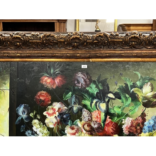 1079 - R Thomas, still life, oil on canvas, signed lower left, large elaborate frame, approx 121 cm x 182 c... 