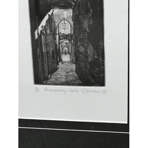 1081 - G Graham, etchings, Titled Passageway Siena, 3/25, Ravenna Doorway 15/25, both signed and dated lowe... 