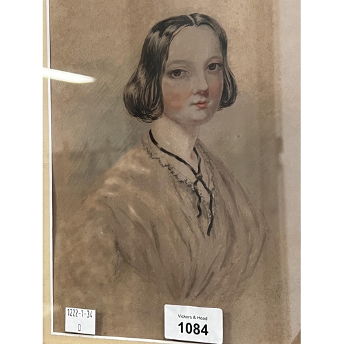 1084 - Antique 19th century portrait of a lady, watercolour on paper, approx 25.5 cm x 20 cm