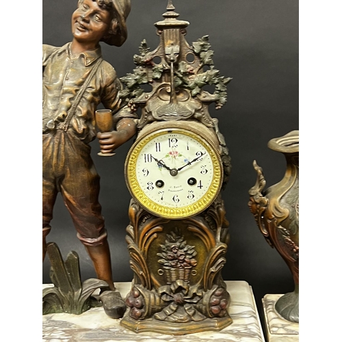 1091 - Antique Bronzed spelter figural mantle clock and garnitures with pendulum, clock approx 56cm H x 36c... 