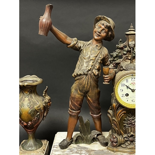 1091 - Antique Bronzed spelter figural mantle clock and garnitures with pendulum, clock approx 56cm H x 36c... 