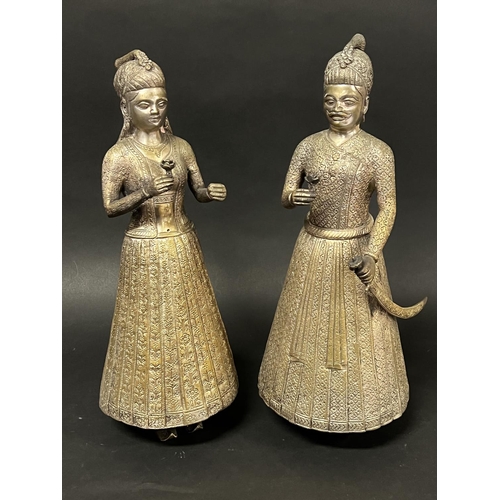 1094 - Pair of Indian heavy Silvered cast metal figures, each approx 38cm H x 14cm W (2)