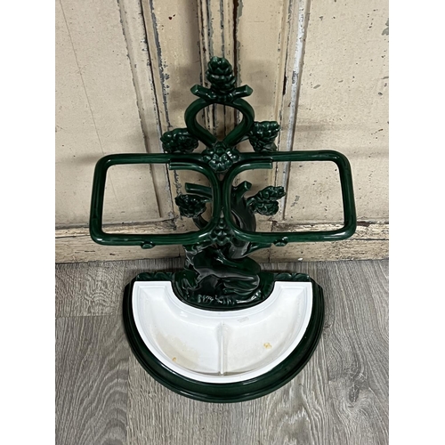 1098 - French Green enamel iron umbrella stand, approx 65cm x 40cm W x 20cm D