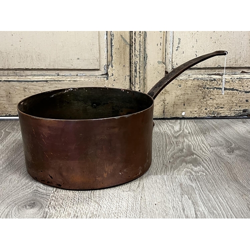 1106 - Large antique French copper and iron handled saucepan, approx 62cm L