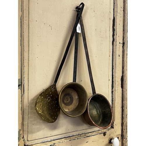 1107 - Antique French iron handled brass and copper scoops,  strainer scoop, approx 62cm L etc (3)