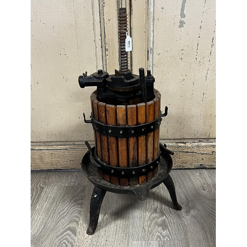 1108 - Old French iron and wood wine press on stand, approx 76cm H x 30cm Dia