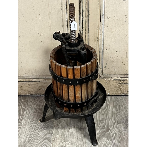 1108 - Old French iron and wood wine press on stand, approx 76cm H x 30cm Dia