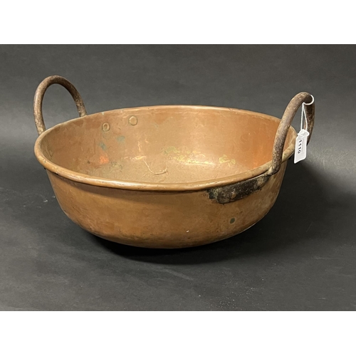 1110 - Antique French copper and iron handled mixing bowl, approx 38.5cm W