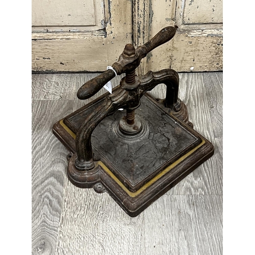1111 - Antique ornate French cast iron book press, approx 30cm H x 40cm W x 33cm D