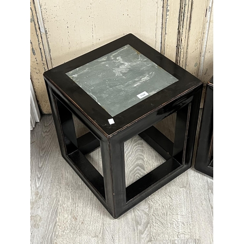 1124 - Pair of Chinese marble topped black lacquer end tables, each approx 50cm H x 43cm W x 43cm D (2)