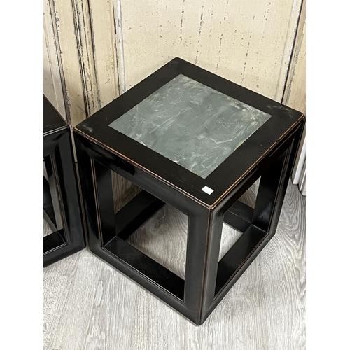 1124 - Pair of Chinese marble topped black lacquer end tables, each approx 50cm H x 43cm W x 43cm D (2)