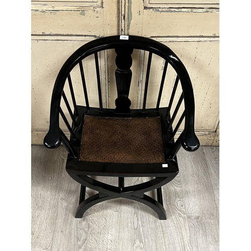 1125 - Chinese black lacquer horse shoe arm chair, with woven rattan set, X frame support, ex Sydney Antiqu... 