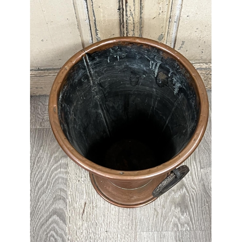 1128 - French vintage Copper umbrella stand, with iron drop ring handles, approx 42.5cm H x 30cm Dia