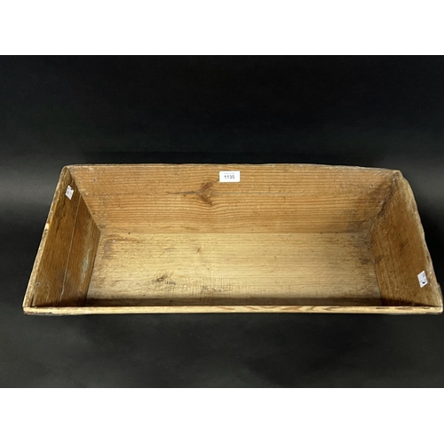 1130 - Antique French rustic pine long trough with metal mounted corners, approx 13.5cm H x 65cm W x 30cm D