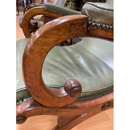 91 - Rare pair of antique William IV period rosewood X framed library arm chairs, after a design by Loudo... 