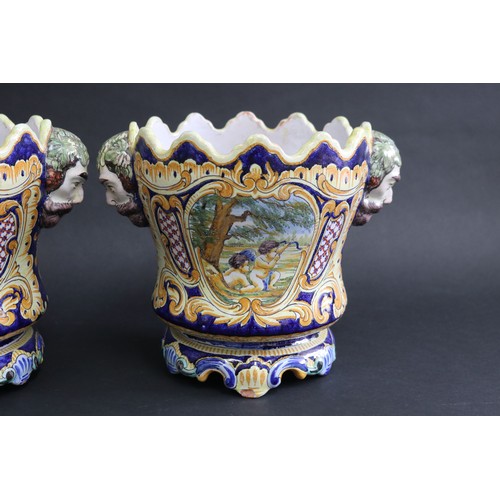 1293 - Pair of antique French Faience glazed pottery jardiniere cache pots, decorated with panels of putti ... 