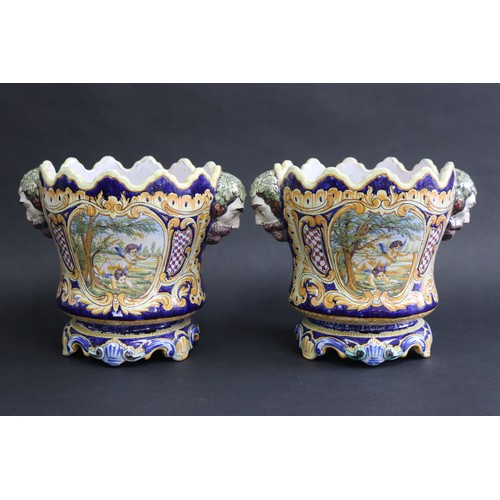1293 - Pair of antique French Faience glazed pottery jardiniere cache pots, decorated with panels of putti ... 
