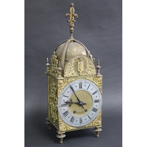 1296 - French brass cased lantern design clock, no key, has pendulum (in office C140.276), unknown working ... 